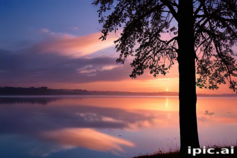Tranquil Sunset Over a Serene Lake with Silhouetted Tree Reflections