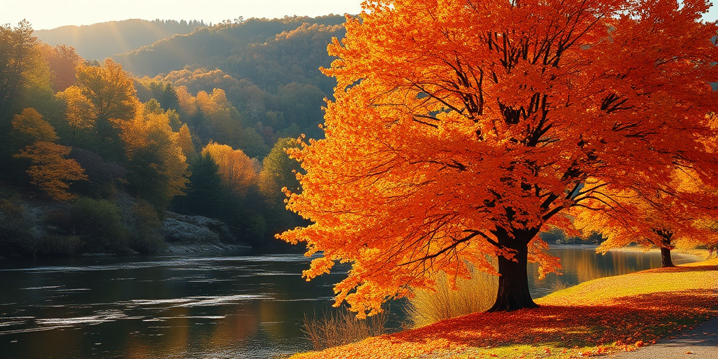 Autumn landscape with a vibrant orange tree by a serene river, captured in a golden hour light, 24mm lens, f/8 aperture, ISO 100, 1/125 sec exposure, taken with a DSLR camera for enhanced clarity and detail.
