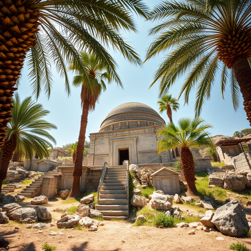 Capture an image of an ancient stone structure with a dome surrounded by palm trees and rocky terrain, using a Canon EOS R5 camera, 24mm lens, f/8 aperture, ISO 100, and a bright daylight setting, low angle view for enhanced depth.
