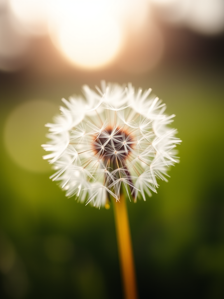 macro shot of a dandelion seed head with soft bokeh background, aperture f/2.8, shutter speed 1/125s, ISO 100, 85mm lens, natural light, shallow depth of field