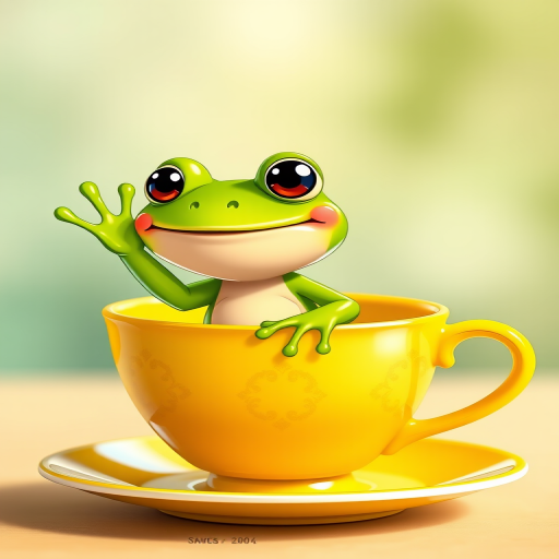 Create a vibrant cartoon-style illustration of a cheerful green frog waving from a bright yellow teacup, with a soft focus background, using a DSLR camera, 50mm lens, aperture f/2.8, ISO 200, and natural lighting for enhanced color saturation.
