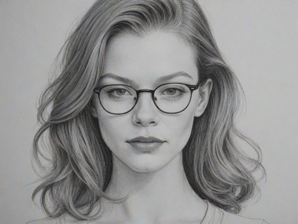 Enchanting Cameron Monaghan, pencil sketch, portrait of Splendid woman 1977s in glasses, hair style beatnik, outline, clear lines, fine lines, 8k