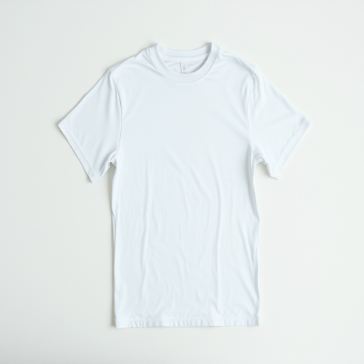 Create an image of a plain white t-shirt on a neutral background, taken with a DSLR camera at f/4 aperture, ISO 100, shutter speed 1/125s, 50mm lens, soft natural lighting, and a top-down view to enhance details and texture.
