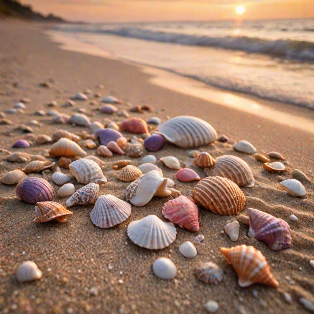 A cluster of intricately detailed seashells, varying in shape and size, rest on a bed of fine, golden sand on a picturesque English beach, with the camera positioned extremely close to capture the textures and patterns. The shells glimmer with a soft, ethereal light, showcasing their iridescent hues, while the surrounding sand appears warm and inviting. In the blurred background, the gentle lapping of the sea against the shore creates a sense of tranquility, as the vibrant colors of the ((sunset)) â oranges, pinks, and purples â meld together in a beautifully abstract bokeh, with the faintest hint of waves and seaside foliage. The overall atmosphere is one of serene intimacy, with the shells and sand taking center stage amidst the soft, warm glow of the fading day.