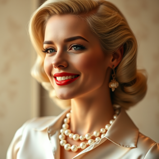 A beautiful taino woman reminiscent of 1950s Hollywood glamour, with perfectly styled blonde hair and a seductive smile, dressed in a satin blouse and adorned with pearls, soft and warm tones, photorealistic, 8K