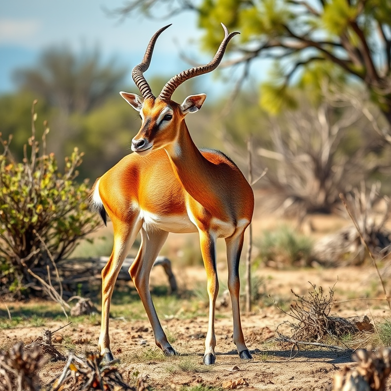 Generate a detailed illustration of a standing antelope in a natural setting, using a DSLR camera with a 50mm lens, aperture f/2.8, ISO 100, shoot in natural light at a low angle to capture fine details and textures, enhancing clarity and realism.
