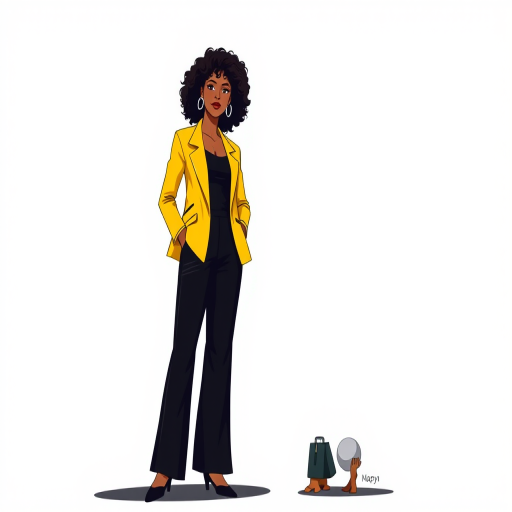 Create a stylized illustration of a woman standing confidently in a vibrant yellow blazer and black pants with curly hair, set against a minimalist background, using a 50mm lens with f/2.8 aperture, soft lighting, and a slight upward angle for a dynamic perspective, digital illustration style.