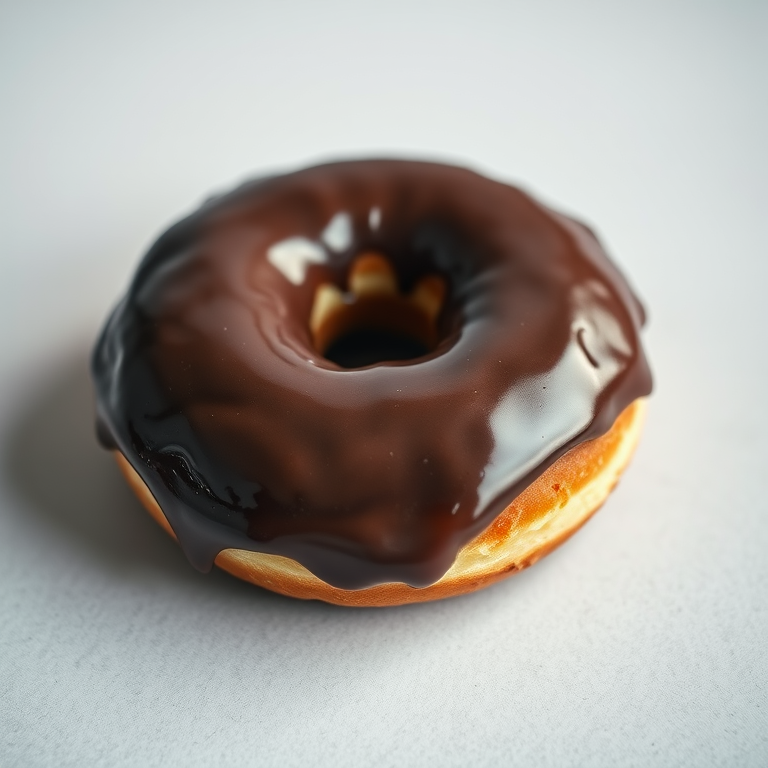 A close-up of a chocolate glazed donut on a simple background, shot with a Canon EOS 5D Mark IV, 50mm lens, f/1.8 aperture, ISO 100, natural light with a shallow depth of field to enhance the texture and details of the donut.