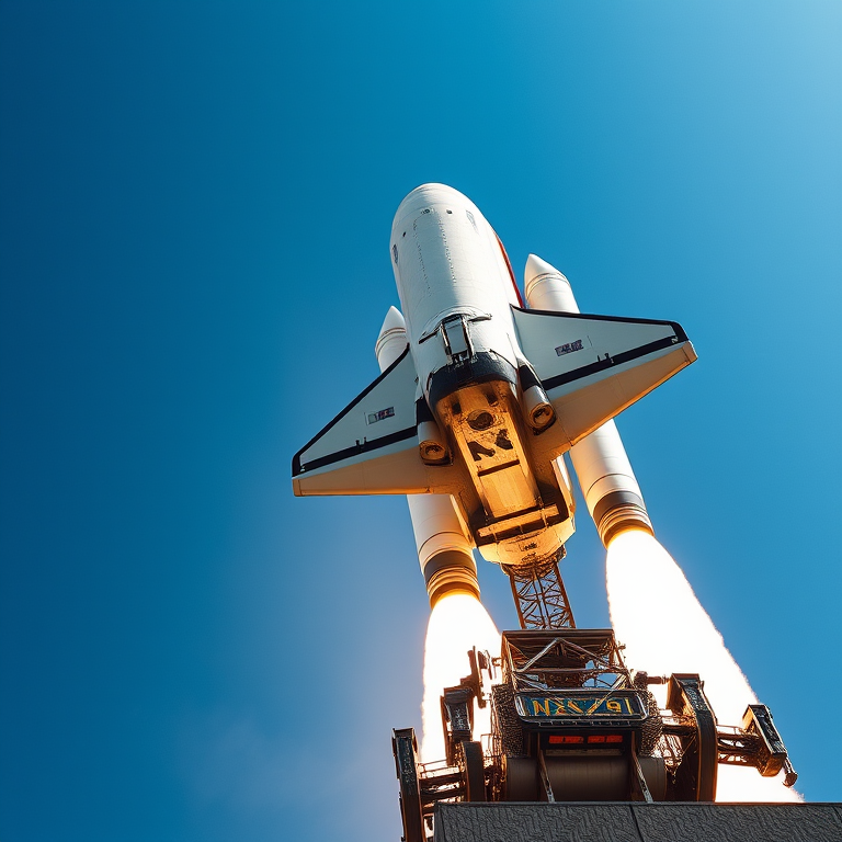 Create a high-resolution image of a space shuttle launching with a clear blue sky background, use a DSLR camera with a 50mm lens, aperture f/2.8, ISO 100, and a shutter speed of 1/500s, focused on the shuttle's details from a low-angle view to enhance the dynamic effect.
