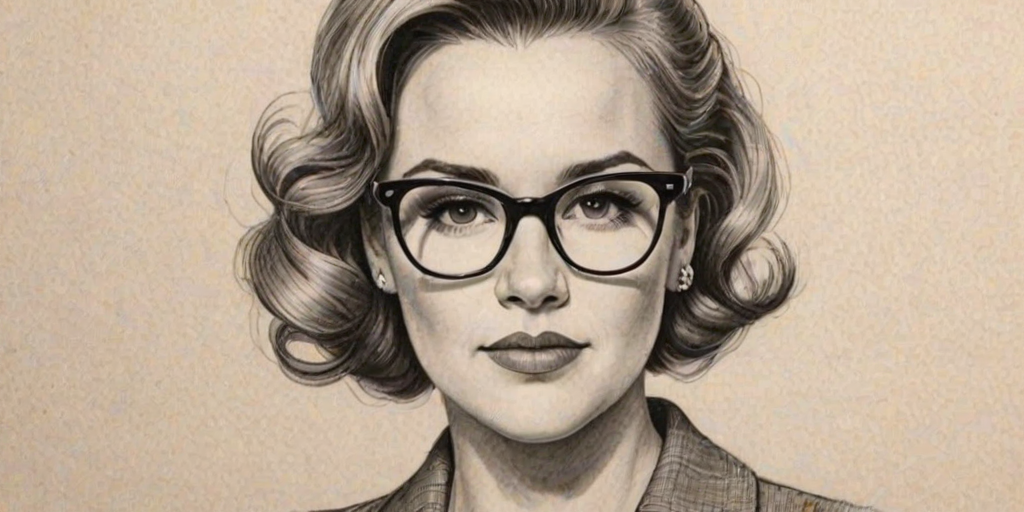Attractive Rachael Harris, pencil sketch, portrait of Gorgeous woman 1950s in glasses, hair style beatnik, outline, clear lines, fine lines, 8k