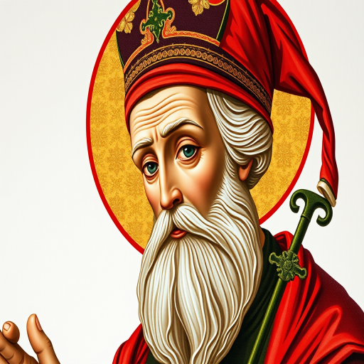 Create a high-resolution image of Saint Nicholas depicted in traditional iconography style, using a DSLR camera with a 50mm lens, aperture at f/2.8, ISO 100, natural lighting, and a clean white background for enhanced clarity and detail.