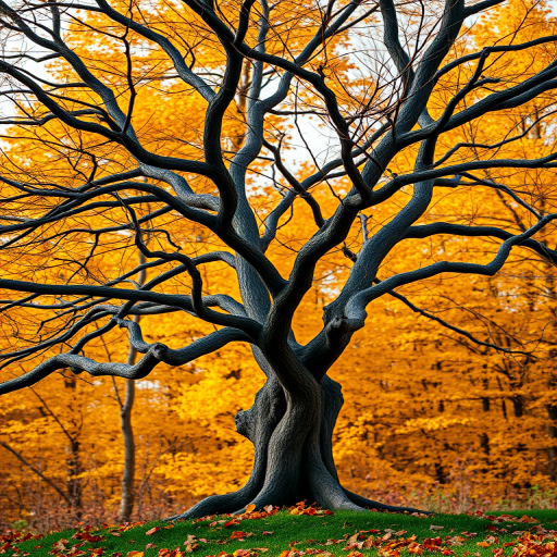 Capture a vibrant autumn landscape featuring a gnarled tree with intricate branches in the foreground, surrounded by a backdrop of golden leaves, using a Canon EOS R5 with a 50mm lens set to f/2.8, ISO 200, shutter speed 1/100s, taken from a low angle for depth, in soft natural light for enhanced color saturation.