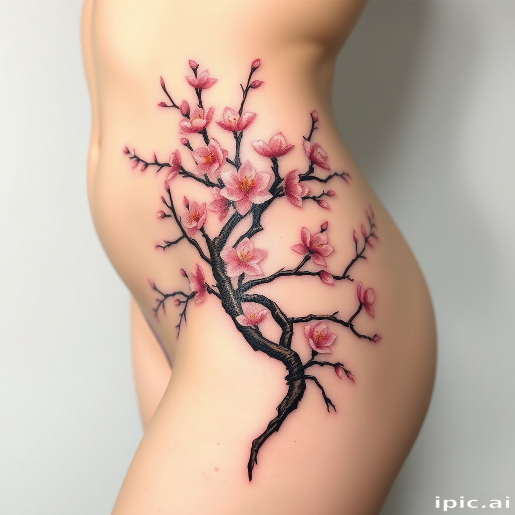 Elegant body tattoo of a blooming cherry blossom tree extending from the hip to the ribcage, executed in soft pastel shades with metallic gold accents