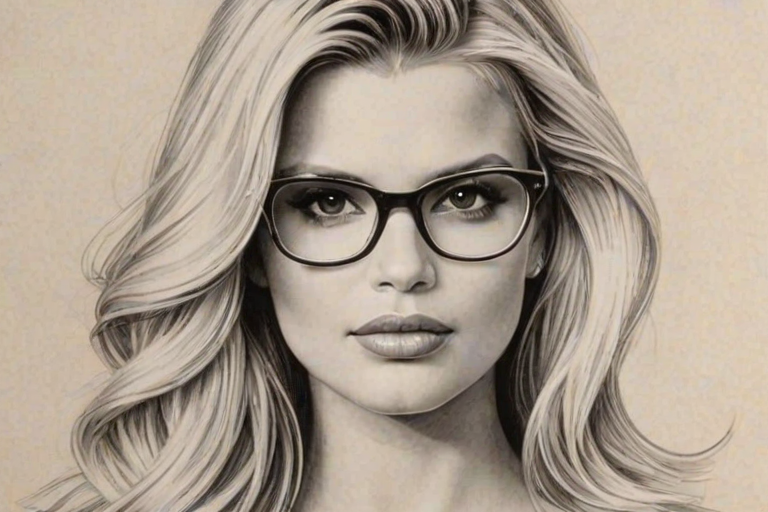 Gorgeous Jessica Simpson, pencil sketch, portrait of Stunning woman 1921s in glasses, hair style beatnik, outline, clear lines, fine lines, 8k
