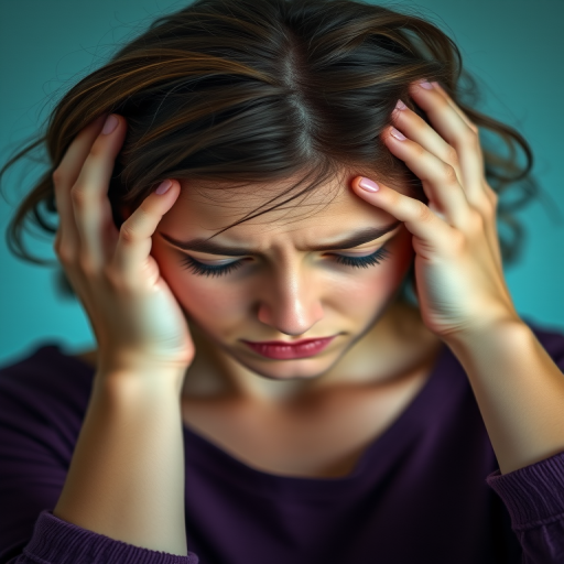 portrait of a young woman with her hands on her head, expressing emotional distress, soft focus background with a teal hue, natural light, Nikon D850, 50mm lens, f/1.8, ISO 200, shallow depth of field