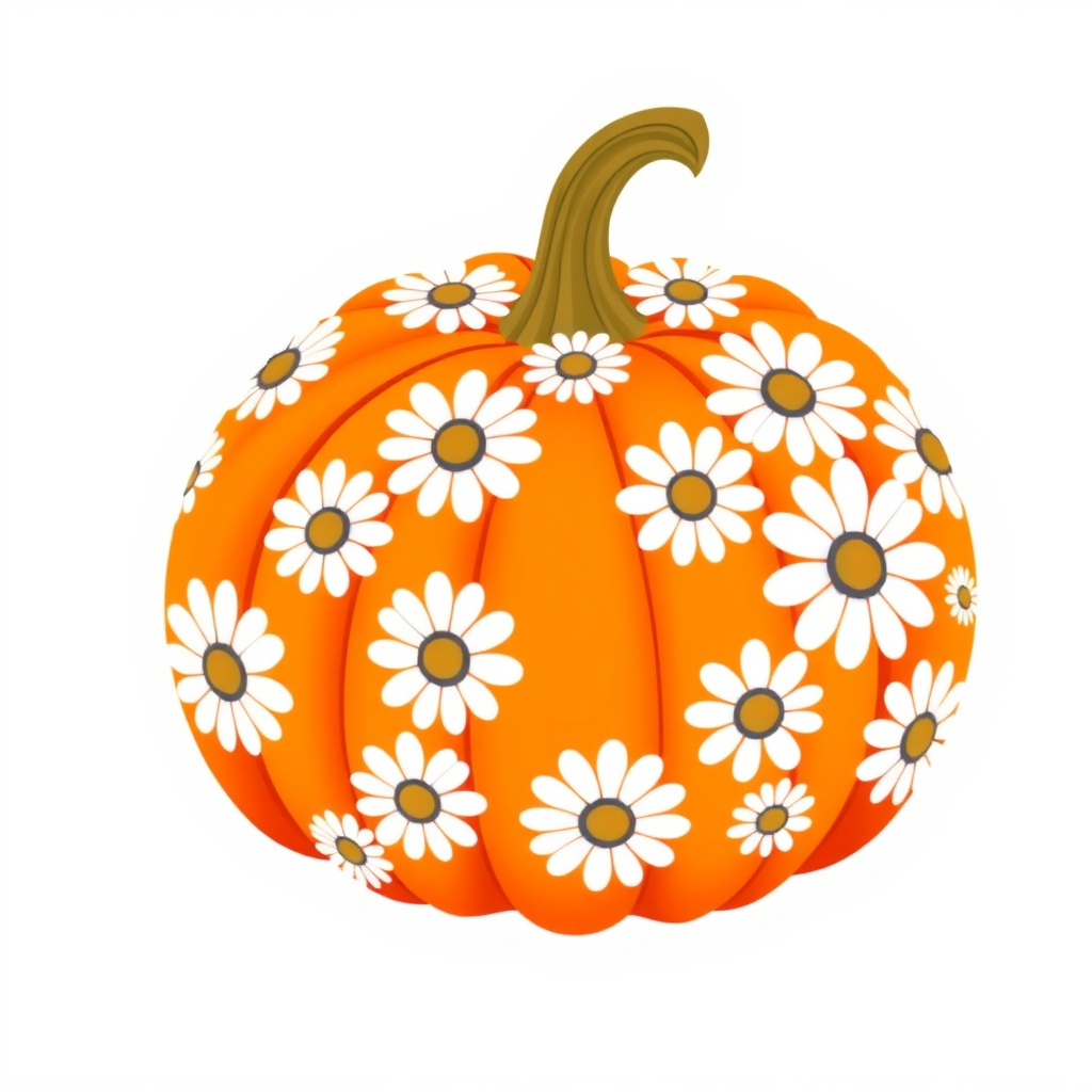a whimsical orange pumpkin with white daises pattern covering the pumpkin. Solid white background sublimation vector 3000dpi 32k