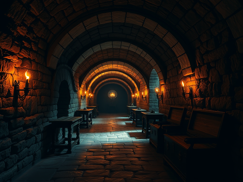 Create a dimly lit medieval dungeon corridor with stone walls and arches, illuminated by flickering torches, featuring wooden furniture and treasure chests, taken with a DSLR camera at f/2.8, ISO 800, 24mm lens, HDR style, with a wide-angle view to capture the depth and atmosphere.