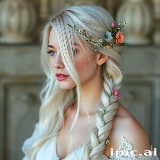 Ethereal fairy-like woman with waist-length, iridescent white-blonde hair styled in loose, romantic braids adorned with tiny flowers