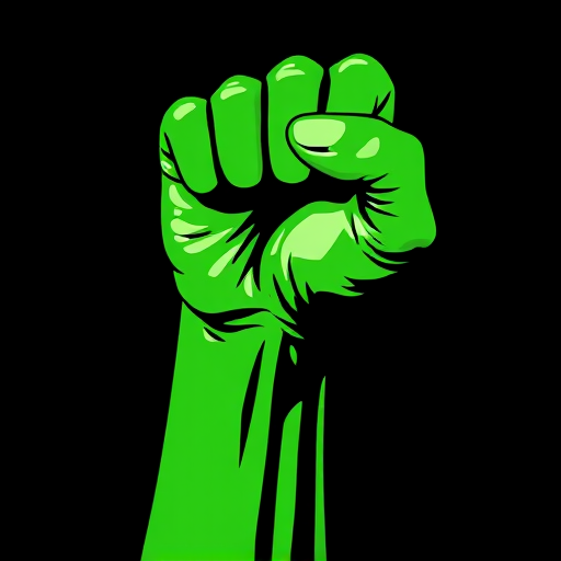 Create a high-resolution vector-style graphic of a raised green fist on a black background, using a Canon EOS R5 with a 50mm f/1.2 lens, ISO 100, aperture f/8, and 1/125 sec shutter speed for crisp details and vibrant colors.