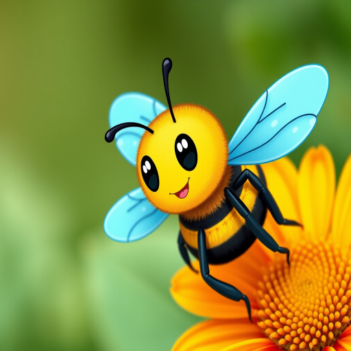Create a detailed illustration of a cartoon bee with blue wings and a flower, using a DSLR camera, 50mm lens, f/2.8 aperture, ISO 100, and natural lighting to enhance colors and clarity.