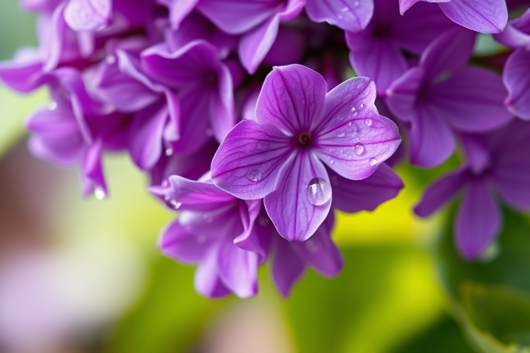 macro shot of vibrant purple lilacs with water droplets, shallow depth of field, f/2.8 aperture, ISO 100, 100mm lens, natural light, DSLR camera
