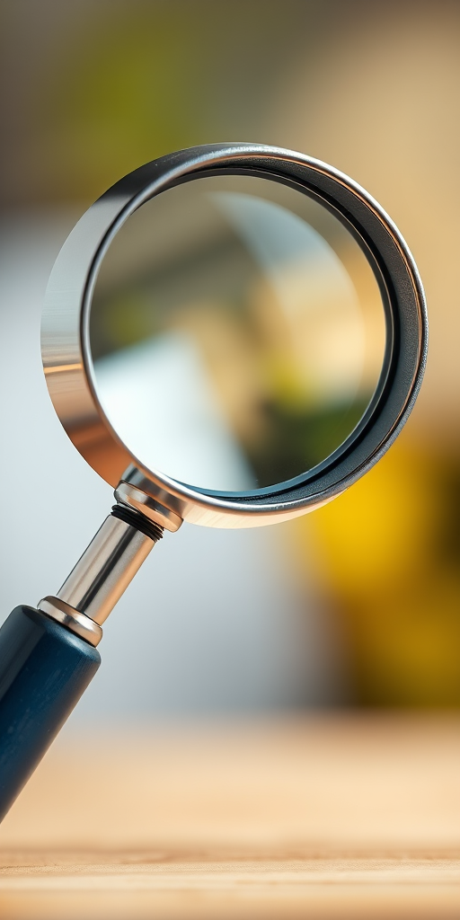 create a high-resolution illustration of a magnifying glass with a metallic frame and a dark blue handle, shot in macro view using a DSLR camera, aperture f/2.8, ISO 100, and a soft focus background to enhance clarity and detail