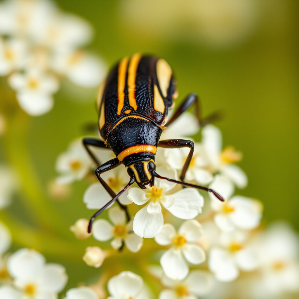 macro photograph of a striped beetle on delicate white flowers with a shallow depth of field, captured with a Canon EOS 5D Mark IV, 100mm f/2.8 macro lens, aperture f/2.8, ISO 200, shutter speed 1/200s, natural soft lighting, focusing on the beetle's texture and colors.