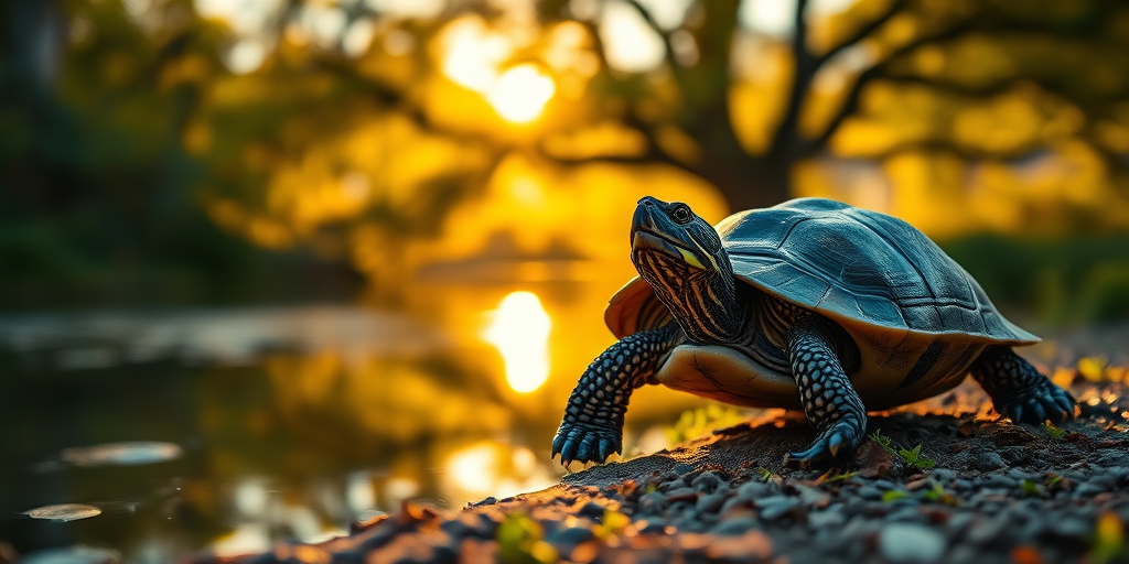macro photography of a turtle by a pond with a tree in the background during golden hour, aperture f/2.8, shutter speed 1/100 sec, ISO 200, 85mm lens, soft focus background, natural sunlight illuminating the scene
