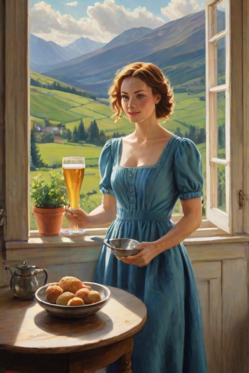 In "A Glass of Beer on the Highland," a serene scene is depicted in a sunlit room where a woman in a vibrant blue dress stands by a large window. She holds a tray with a hearty meal and a frothy glass of beer, embodying a moment of relaxation. Outside, the breathtaking highland landscape features rolling green hills and a charming traditional house, all bathed in warm afternoon light. The interior is adorned with potted plants, creating a harmonious blend of comfort and nature. The painting beautifully captures the tranquility and joy found in simple pleasures amidst stunning scenery