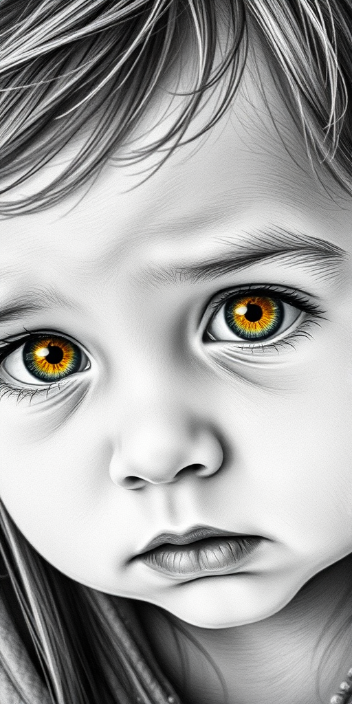 A hyperdetailed photorealistic black and white sketch of a beautiful toddler with deep Yellow eyes, with a macro focus