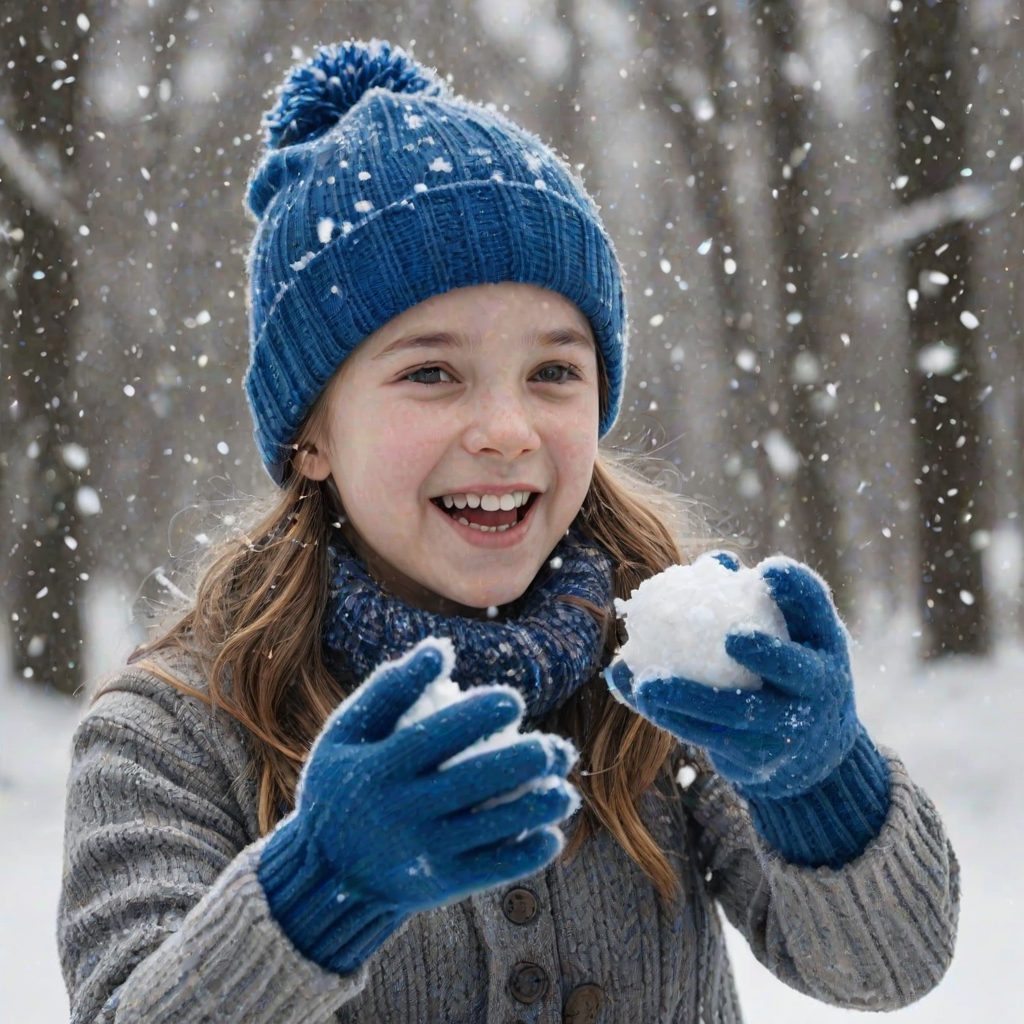 A hyperdetailed photorealistic macro image black and white pencil sketch of a young girl getting hit by a snowball during a snowball fight. She is wearing a brilliant sapphire blue wool beanie and bright blue mittens. She is trying to block the snowball by putting her hands up. The snowball hits her beanie and disintegrates into myriad tiny snowflakes caught with high speed photography. The girl is laughing and having a wonderful time.