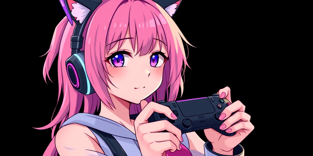 Create an image of an anime girl with pink hair and cat ear headphones holding a gaming controller, stand-out colors with a black background, shot with a DSLR camera at f/2.8 aperture, 50mm lens, ISO 100, in high definition with a vibrant color palette and sharp details.