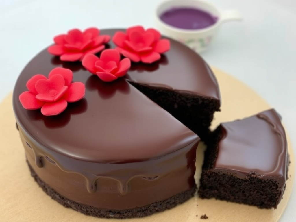 Chocolate cake with a glossy ganache topping and decorative red flower-shaped icing on top, one slice cut and placed beside a small bowl of purple filling, set on a light-colored surface.