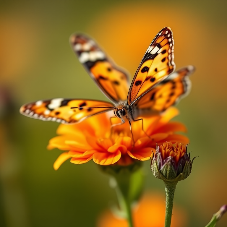 Capture a close-up image of a butterfly perched on a flower with a shallow depth of field, using a DSLR camera, 85mm lens, f/2.8 aperture, ISO 200, and a soft-focus background for enhanced clarity and detail.