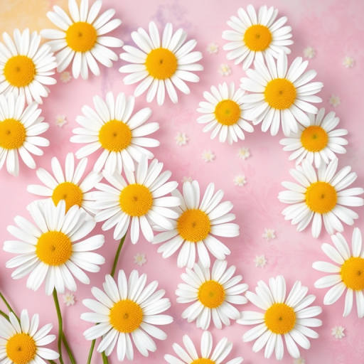 Create a vibrant background with pastel colors, featuring white daisies with yellow centers scattered throughout, using a Canon EOS R5, 50mm lens, f/2.8, ISO 100, and soft focus style.