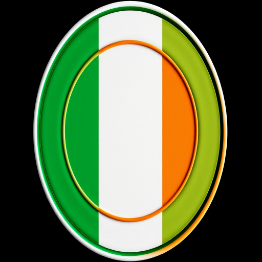Generate a high-resolution image of a circular emblem featuring the flag of Ireland, with vibrant green, white, and orange colors, shot with a Canon EOS R5 at f/8, ISO 100, 50mm lens, soft lighting, and a clean black background for contrast.