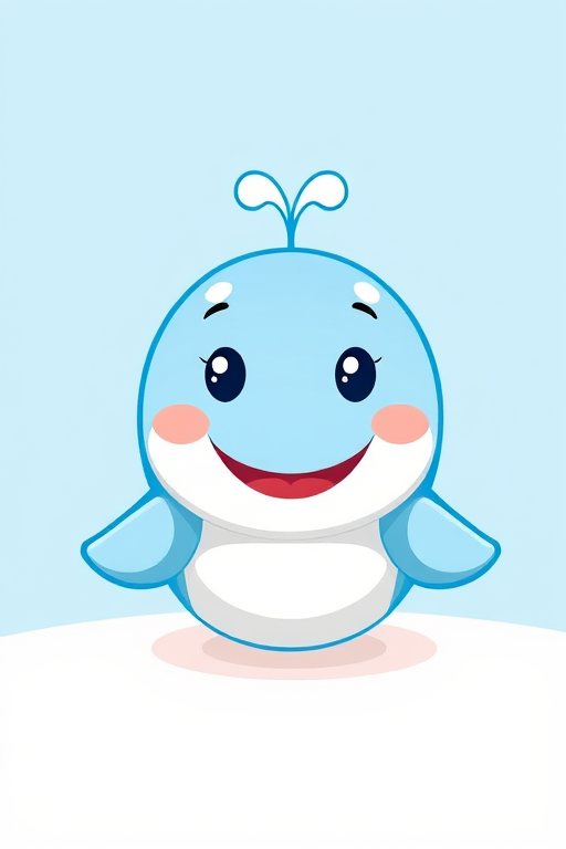 Create a bright and playful cartoon whale with a smiling face and a small water spout on top, using a vibrant color palette of light blue and white, captured in a digital illustration style with high resolution at 300 DPI, using a soft focus lens effect for a whimsical touch.