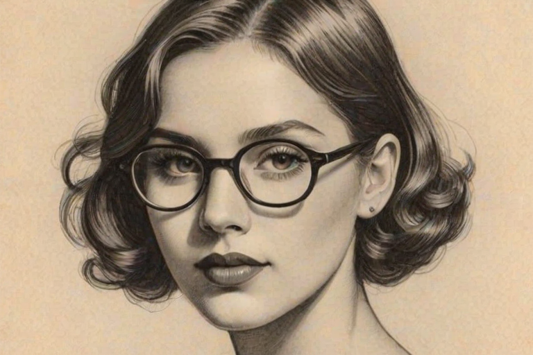 Gorgeous Scarlett Estevez, pencil sketch, portrait of Graceful woman 1928s in glasses, hair style beatnik, outline, clear lines, fine lines, 8k