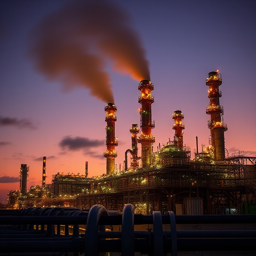 industrial refinery at dusk with illuminated towers and steaming pipes, wide-angle lens, f/8 aperture, ISO 100, 30 seconds exposure, DSLR camera, high dynamic range imaging