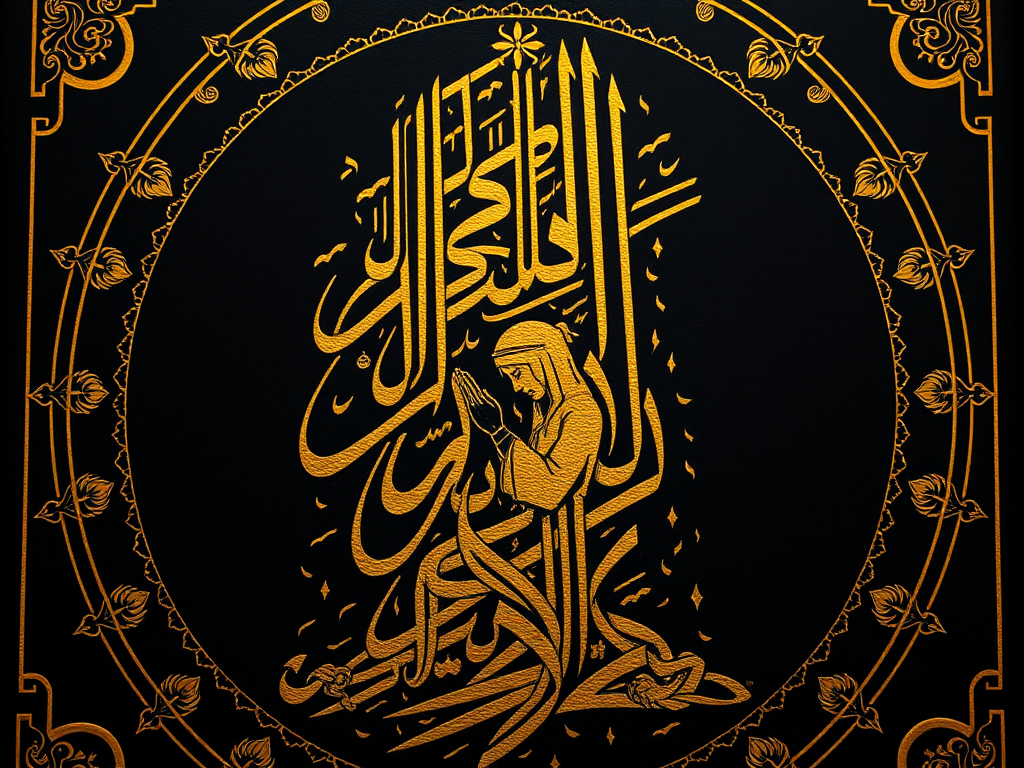 Create an intricate gold Arabic calligraphy artwork representing a figure in prayer, using a Canon EOS R5, with a 50mm f/1.2 lens, aperture set to f/2.8, ISO 100, and soft diffused lighting for enhanced clarity and detail.