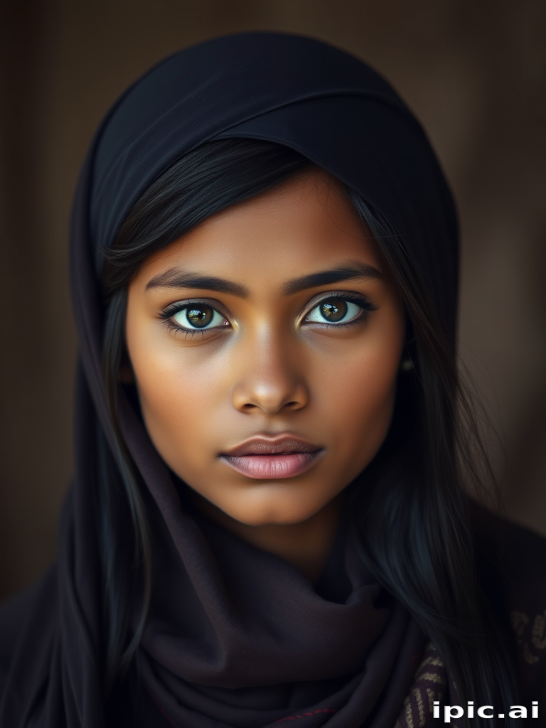 Create a portrait of a young Sri Lankan woman with long, dark hair and captivating hazel eyes. She is wearing a dark headscarf and a matching scarf draped gracefully around her neck. The background is softly blurred, focusing attention on her serene and natural expression. The overall color palette is muted and warm, enhancing the intimate and authentic feel of the portrait.
