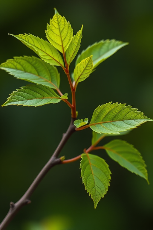 Create a high-resolution image of a simple branch with vibrant green leaves, using a macro lens with f/2.8 aperture, ISO 100, and a 50mm focal length, capturing the branch from a slightly elevated angle to enhance detail and depth.