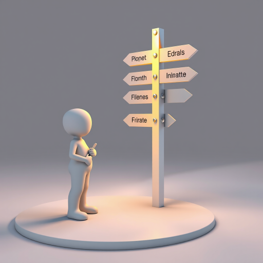 Create a 3D scene with two stylized humanoid figures discussing at a signpost with multiple arrows, one arrow highlighted in gold, using a Canon EOS 5D Mark IV, 50mm lens, f/2.8 aperture, ISO 100, softbox lighting to enhance image quality.