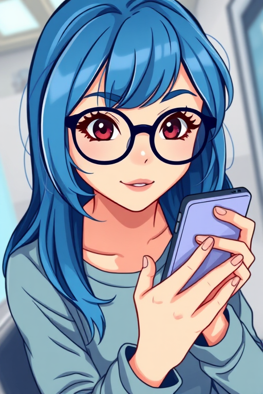 Generate an image of a cartoonish woman with blue hair and glasses holding a phone, using digital illustration style, with a soft focus effect, shoot with a high-resolution digital camera at f/4 aperture, ISO 100, 50mm lens, top-down view.