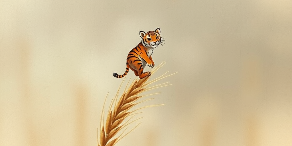Soft, muted Alcohol Ink with ebru effect background image of tiny whimsical tiger, who climbed high on the top of a golden rye ear.
