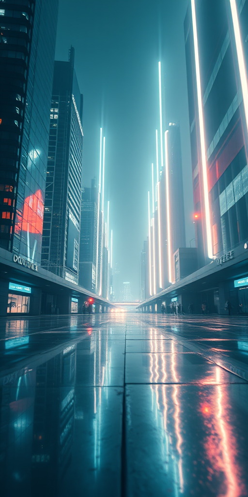 Create a futuristic cityscape with vertical light beams and a reflective ground, using a wide-angle lens at f/2.8, ISO 100, 1/60 sec shutter speed, taken from a low viewpoint with a digital SLR camera.