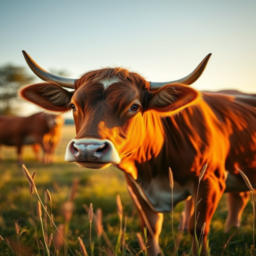 Generate a highly detailed illustration of a cow in a natural setting, using a canon EOS R5 camera with a 50mm lens, aperture set to f/1.8, ISO 100, shot at golden hour for warm lighting and enhanced contrast, with a shallow depth of field to bring focus to the cow while softly blurring the background.