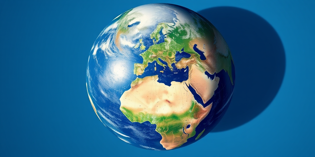 Create a high-resolution digital illustration of a stylized Earth globe, with vibrant colors and detailed landmasses, captured with a DSLR camera at f/8 aperture, 24mm focal length, in an overhead view, using a wide-angle lens to enhance depth and clarity.