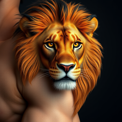Hyper-realistic 3D lion portrait on bicep, mane seemingly alive with movement, piercing amber eyes gazing out, fine details in fur texture