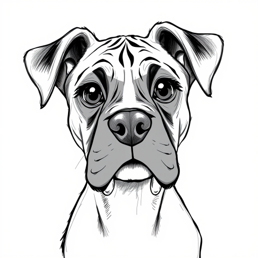 A doodle style pencil sketch illustration of a beautiful young Boxer dog, with large eyes and exaggerated facial features. White background